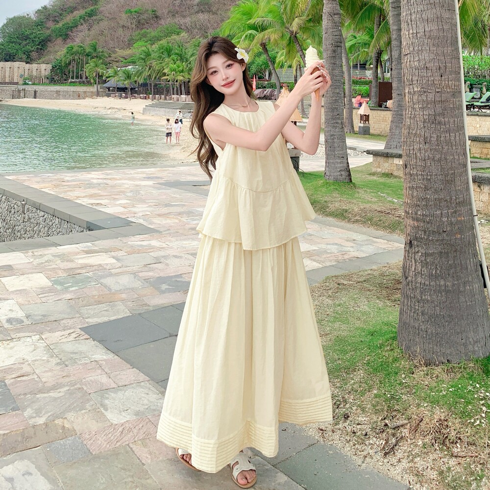 法式浪漫度假风无袖背心裙女夏季2025新款宽松气质温柔假两件长裙,女装套装/套裙,浙宝288（原255）