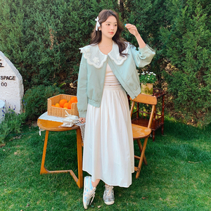 蕾丝拼接娃娃领短款皮衣外套女2025年春季新减龄洋气休闲夹克上衣图片