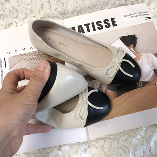 2023夏季 小香风真皮平底单鞋 低跟浅口软底羊皮圆头拼色胖宽脚女鞋