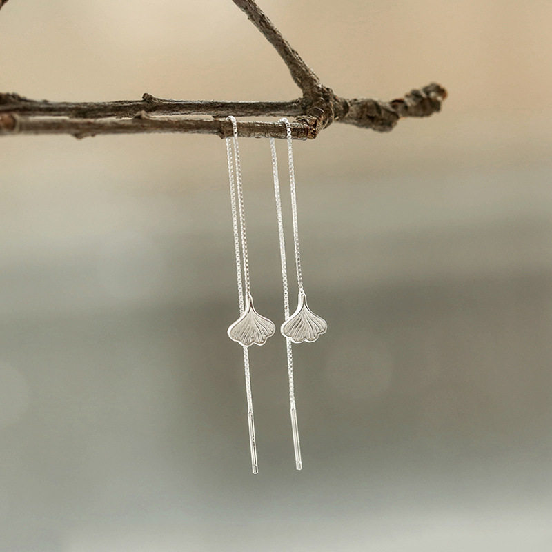 电镀S925纯银银杏叶耳饰女冷淡风简约网红耳坠流苏长款耳线耳饰