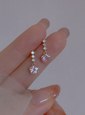 925银针粉色花朵锆石耳钉