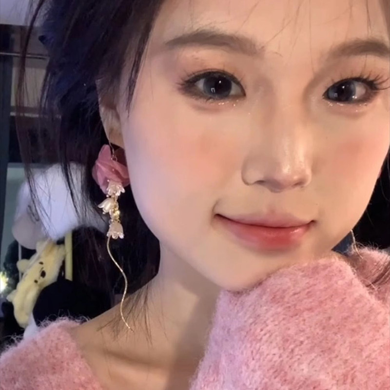 925银针粉色薄纱花朵流苏耳环适合夏天的耳饰甜美氛围感气质耳坠