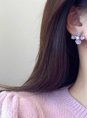 925银针紫色水晶花朵耳钉高级感个性小众时尚气质设计感精致耳环