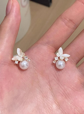 925银针闪钻蝴蝶珍珠耳钉
