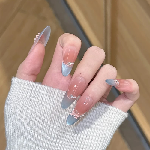 蓝色精灵法式轻奢穿戴甲长款美甲
