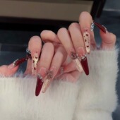 酒红法式 秋冬新款 轻奢美甲穿戴甲中长款 爆闪猫眼美甲气质显白婚甲