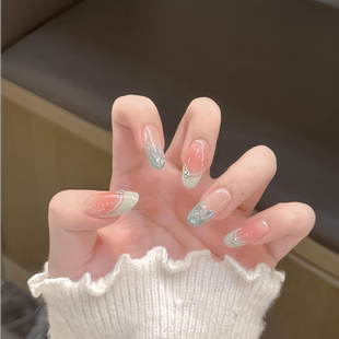 純手工穿戴甲短款 春季 裸色顯白碎鉆美甲法式 抹茶星冰樂 手工甲