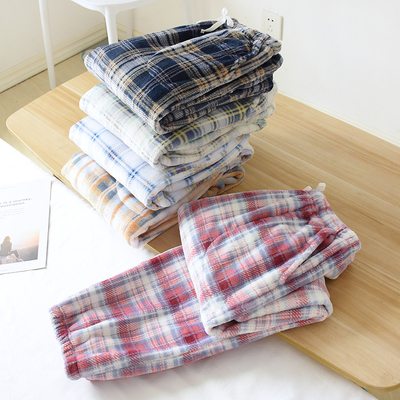 法兰绒睡裤收脚家居日系格子裤子