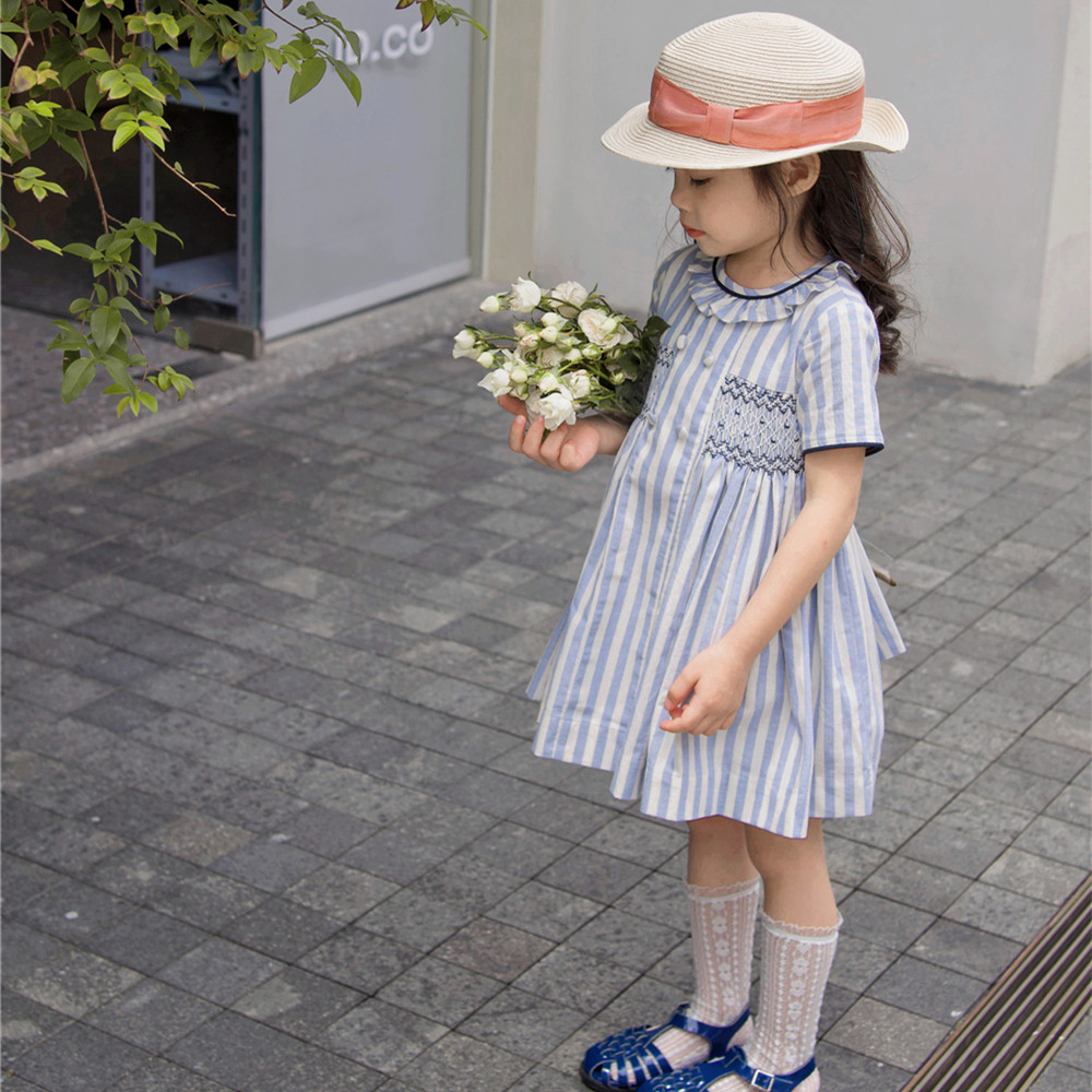 BangBang饱饱 ins风女童气质蓝色竖条纹连衣裙花边领短袖公主裙子