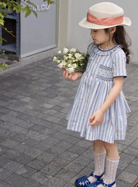 BangBang饱饱 ins风女童气质蓝色竖条纹连衣裙花边领短袖公主裙子
