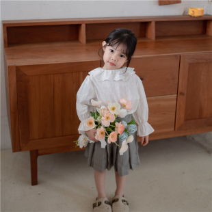 BangBang饱饱ins风女童秋冬白色花瓣领重工长袖衬衫+英伦格子短裤