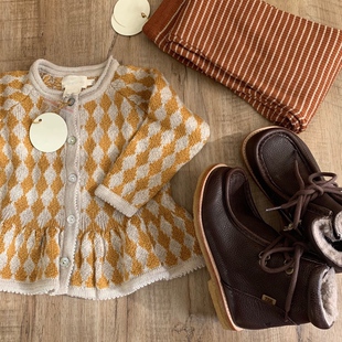 ins风秋冬女童宝宝超美复古姜黄色菱格裙摆针织开衫毛衣外套童装
