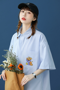 @中性蓝底 条纹短袖衬衫夏装小熊印花衬衣外套 TC7001-P35控48图片