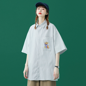 @中性蓝底 条纹短袖衬衫夏装小熊印花衬衣外套 TC7001-P35控48图片