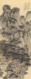 近代张大千仿王蒙林泉清集图原大挂轴装饰画仿古字画高清复制品