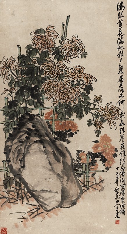 近代王一亭菊花图原大条幅仿古画仿古字画高清原作版画微喷卷轴