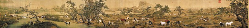 清郎世宁百骏图原大卷轴名画仿古字画高清复制品微喷装裱临摹手卷