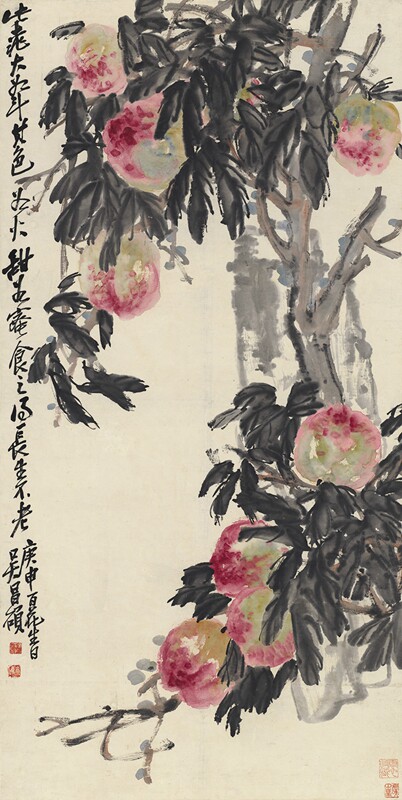近代吴昌硕九寿桃图原大条幅名画仿古字画高清原作版画微喷装裱