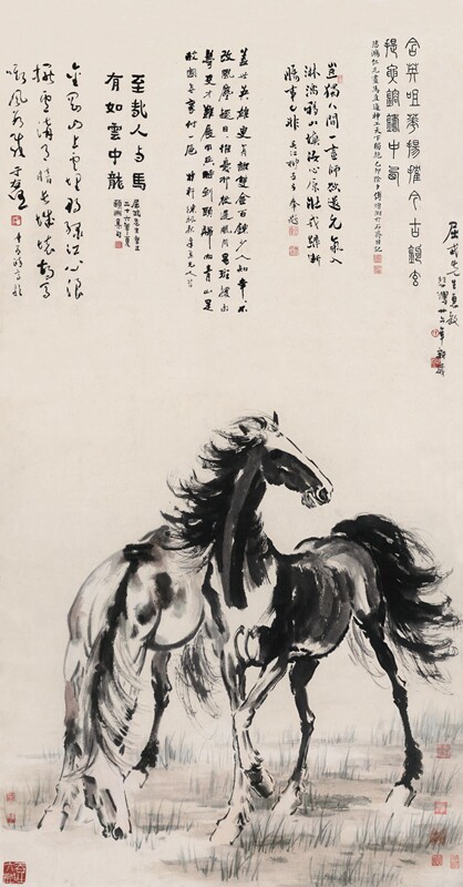 近代徐悲鸿双骏原大立轴装饰画仿古字画高清复制品微喷装裱范本