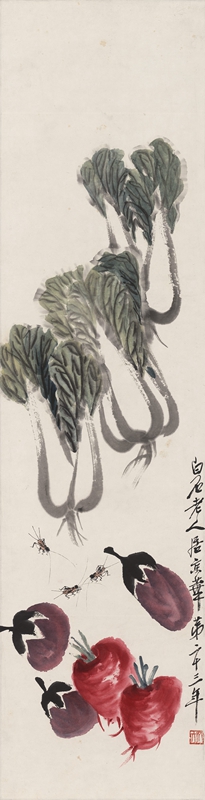 近代齐白石蔬果图原大立轴客厅仿古字画高清复制品微喷卷轴临摹