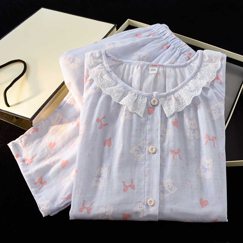 圆领花边睡衣女春秋纯棉双层纱布长袖开衫2025新款夏季卡通家居服