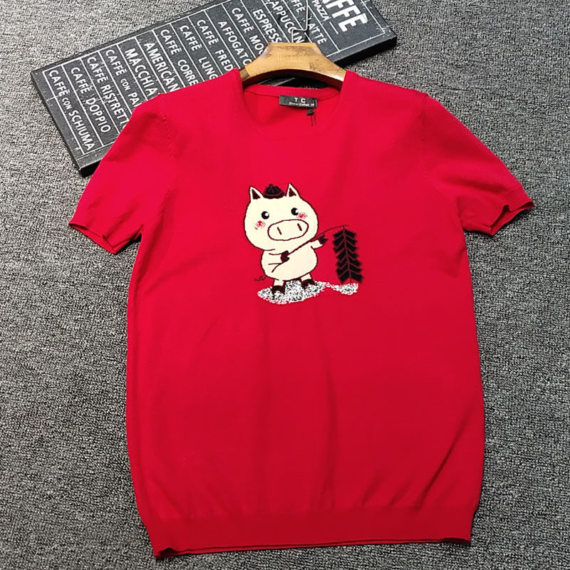 小猪提花红色针织衫男 春秋冬圆领短袖 含羊毛高弹百搭打底衫潮牌