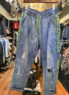 特价 断码 秒 抽绳束脚宽松九分裤 男 清仓 荧光绿字母破洞牛仔裤