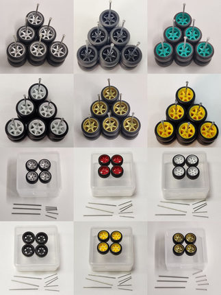 六爪胶胎轮毂1/64合金车模改装轮毂橡胶轮胎适用风火轮