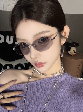 无框猫眼浅灰色墨镜女方圆脸显瘦