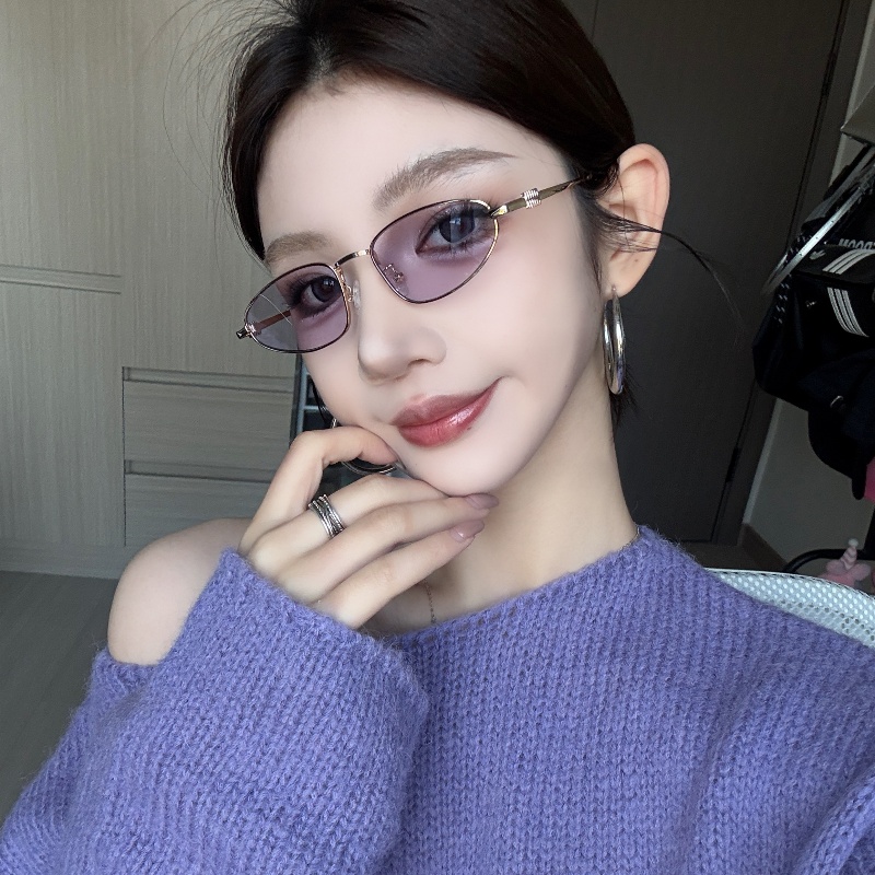 复古金属小框猫眼透明紫色墨镜女欧美风街拍高级网感小脸太阳眼镜