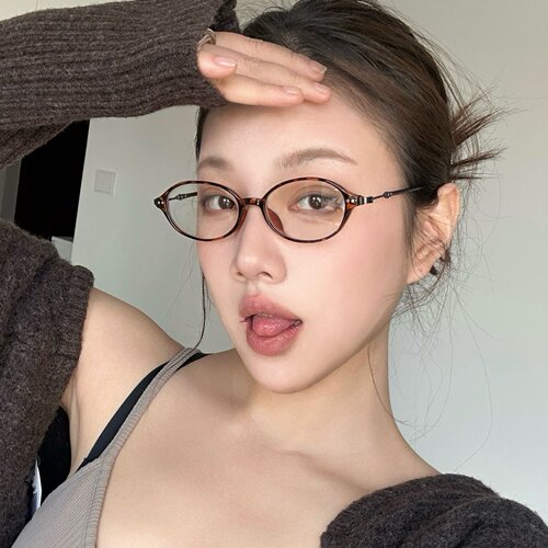 复古豹纹色小框椭圆书呆子眼镜女
