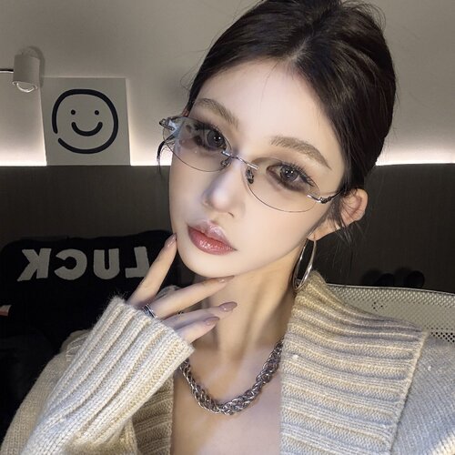 无框小脸猫眼墨镜女潮欧美风水银色Y2K欧美辣妹风太阳镜高级网感