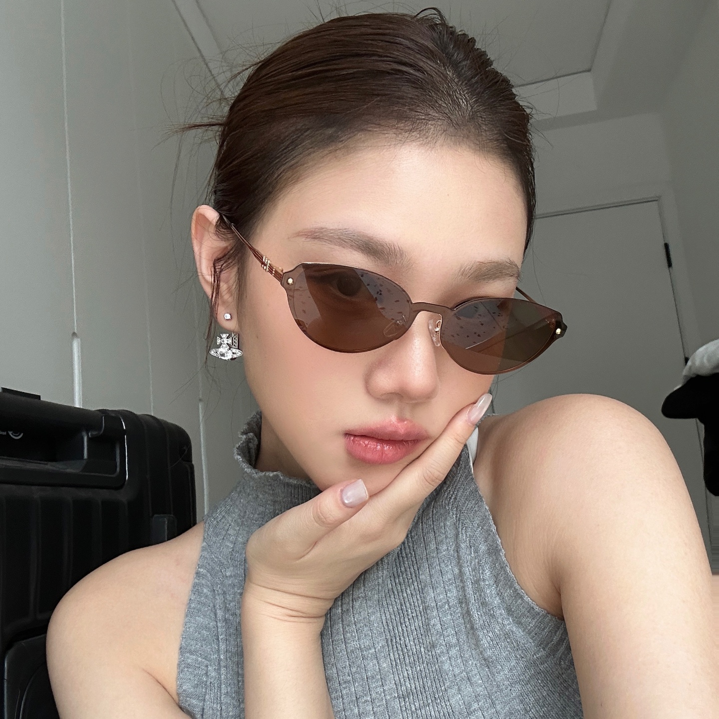 复古无框猫眼墨镜女潮金属高级气质感遮阳防紫外线太阳镜圆脸显瘦