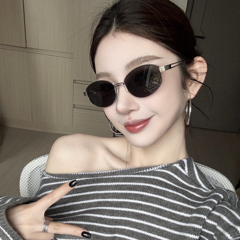 金属银色半无框猫眼椭圆形欧美风太阳镜女潮方圆脸显瘦老钱风墨镜