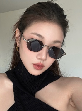 复古金属无框多边形黑色墨镜显瘦