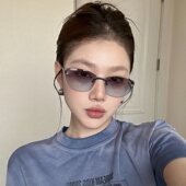 复古欧美辣妹风无边框猫眼渐变蓝墨镜女方圆脸显瘦高级网感太阳镜