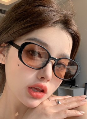 复古椭圆形黑框茶色太阳镜2025新