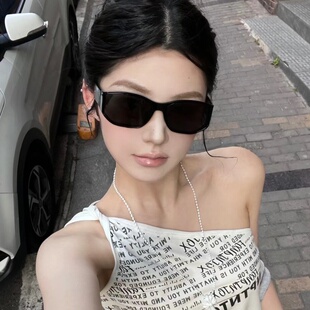 复古欧美风曲面一体片黑色猫眼gm墨镜女方圆脸显瘦高级感太阳镜潮