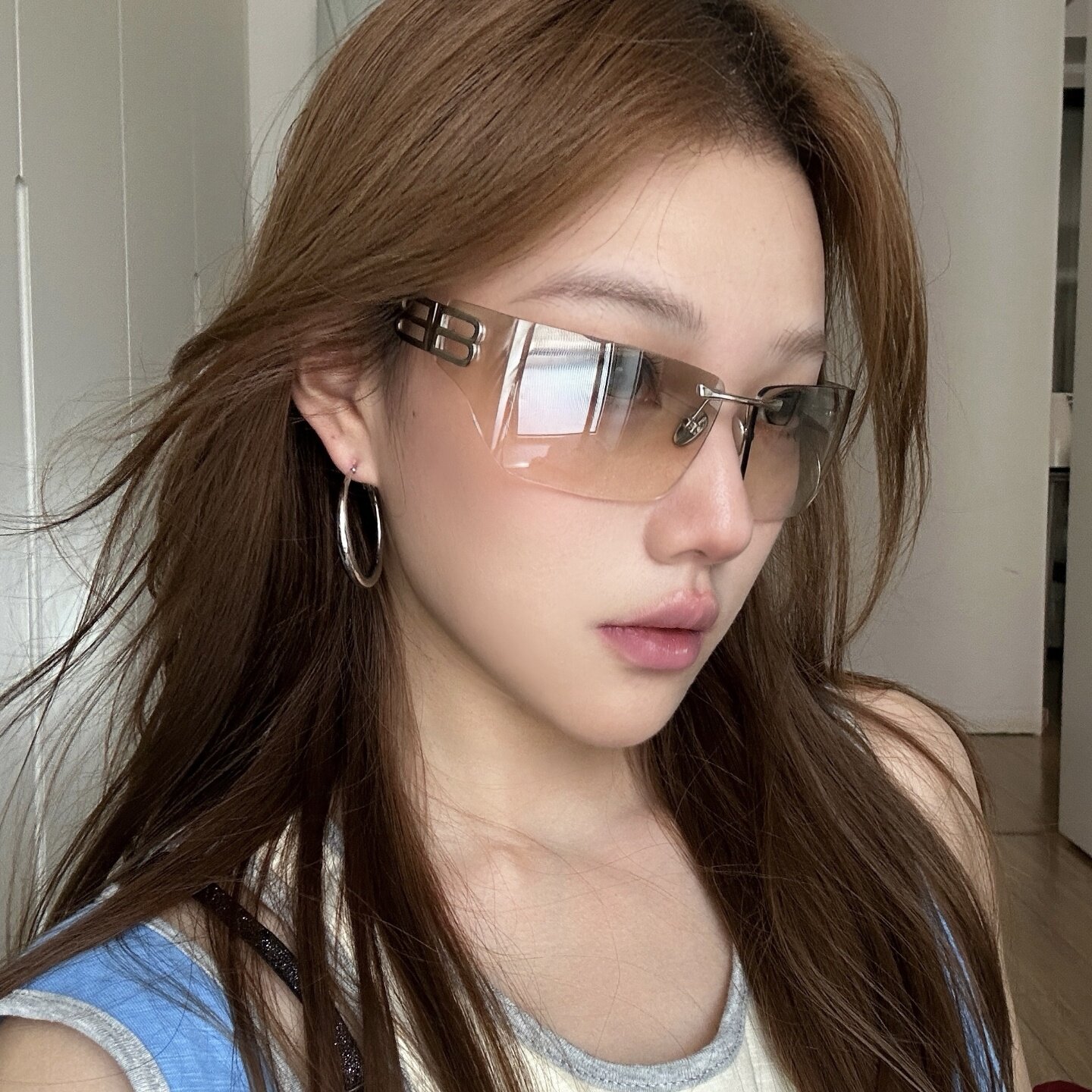 金属复古无框曲面渐变水银色高级感墨镜韩女大方圆脸显瘦太阳眼镜
