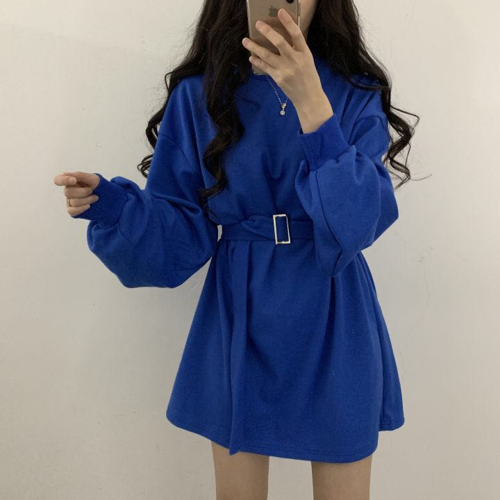 Ghost horse girls' loose long sleeve round neck T-shirt dress with waist tie and belt