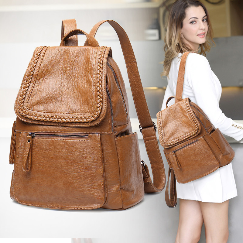 双肩包女2021新款真皮牛皮简约时尚百搭复古大容量防盗软皮背包潮