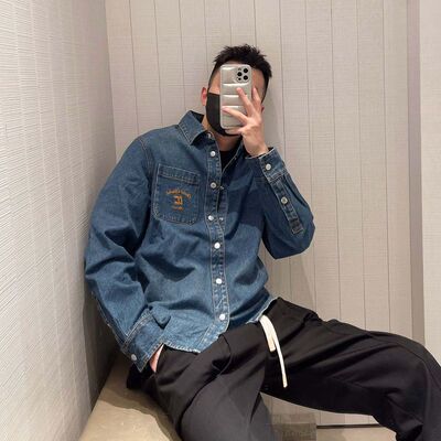 CHESTER CHARLES 男款复古蓝色胸前口袋字母设计衬衫外套香港代购