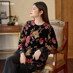 精致胖mm女装 上衣女冬新款 黑底印花100%桑蚕丝打底衫 美丽客栈大码