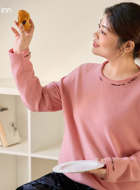 美丽客栈大码粉色100%绵羊毛套头衫毛衣女新款冬季精致高级感独特