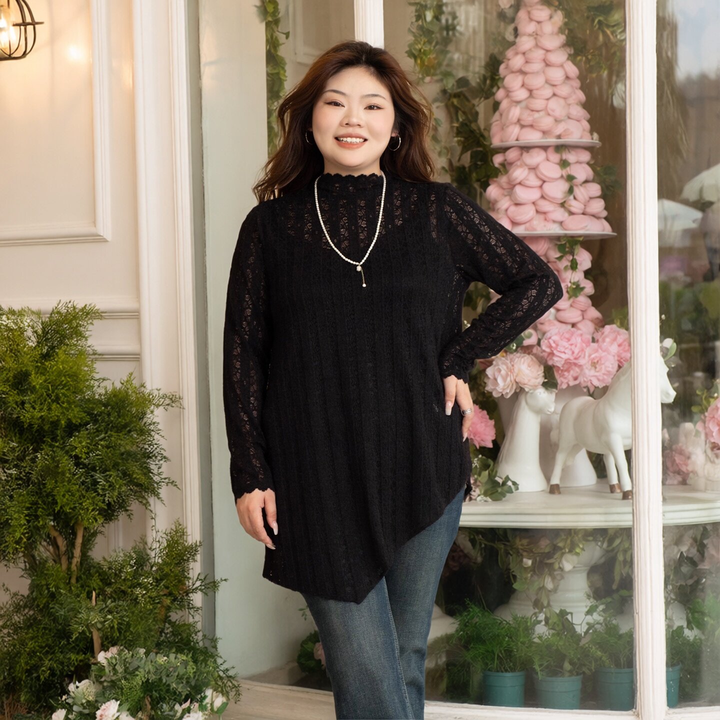 美丽客栈2026春秋新款大码女装蕾丝打底衫胖mm时尚百搭套头针织衫