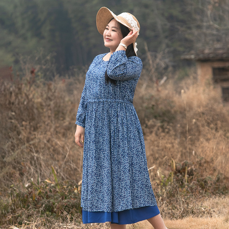 【Chic新潮】超胖大码女装胖mm特大码高端气质印花连衣裙春季新款