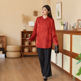 美丽客栈大码衬衫女胖mm洋气轻奢高级感新中式红色上衣2025冬新款