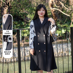 女装 春装 领假两件连衣裙女胖mm大码 西装 显瘦遮肉轻奢 女2023年新款