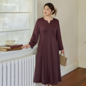 女装 美丽客栈紫红色优雅连衣裙2025早秋新款 大码 胖mm200斤长裙子