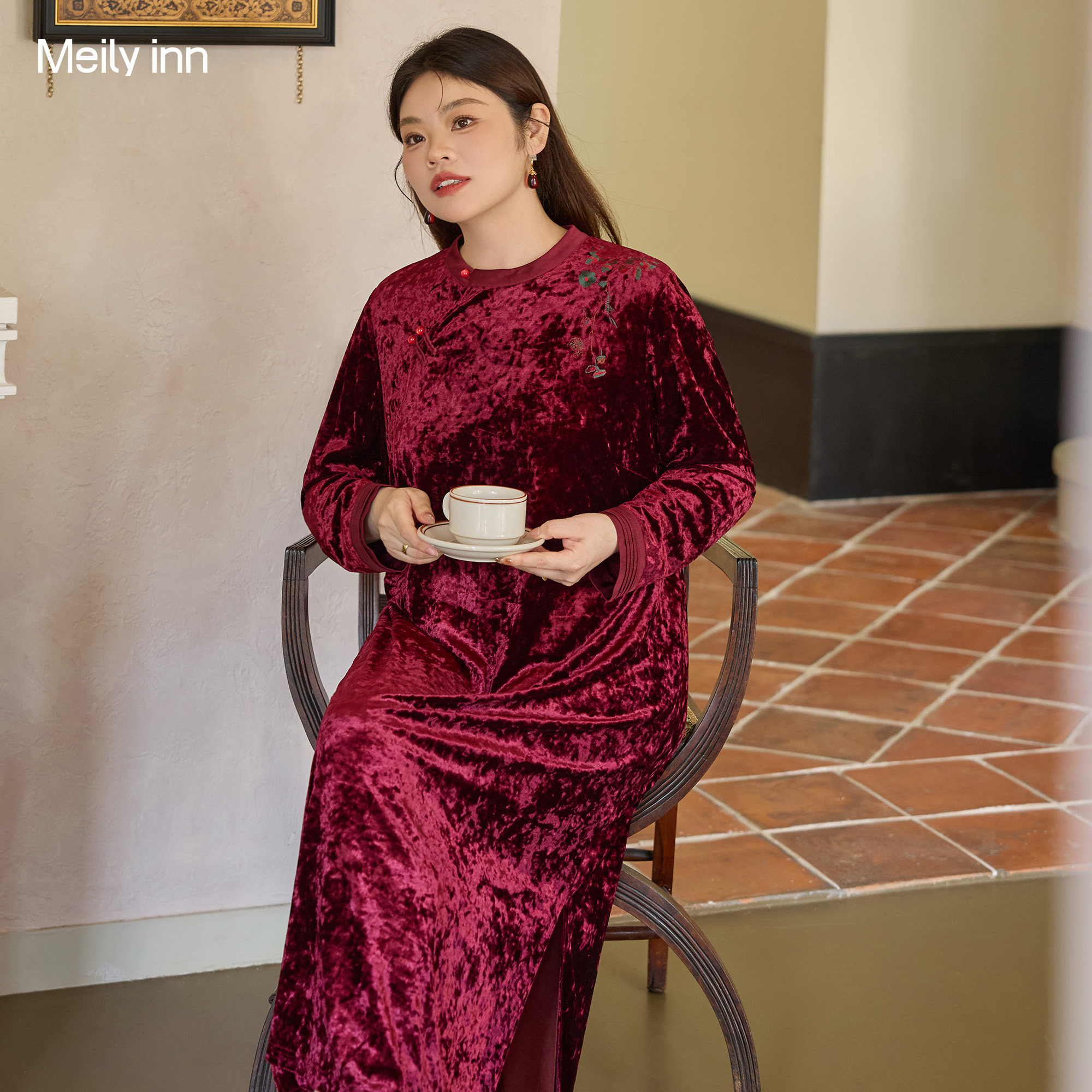 美丽客栈大码女装钻石绒礼服长裙